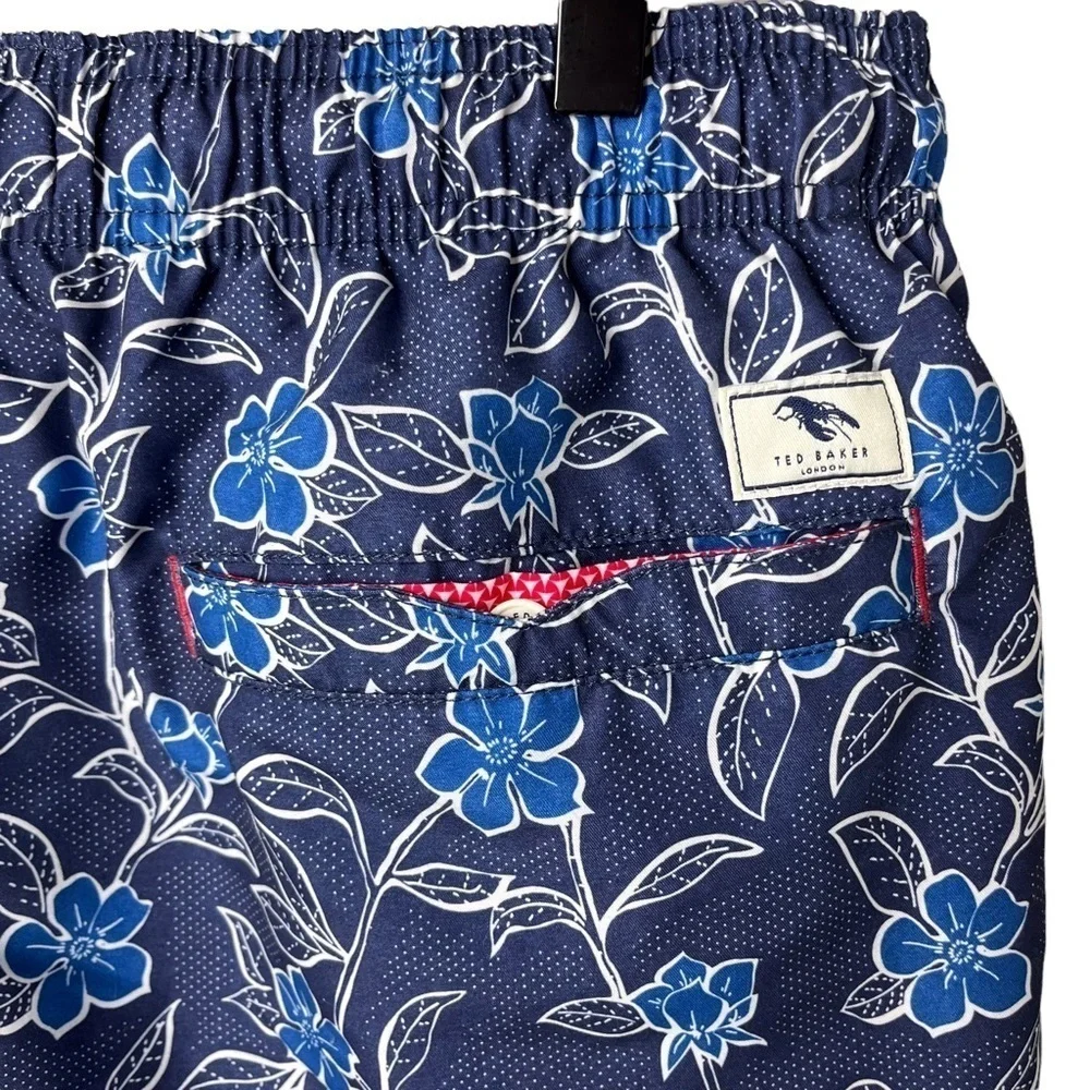 Ted Baker Floral Swimsuit Navy Blue Size 4 5 inch Swim Trunks Elastic Waist